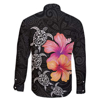 Hawaiian Hibiscus Turtle Tribal Polynesian Pattern Family Matching Off The Shoulder Long Sleeve Dress and Hawaiian Shirt Black Color LT03 - Polynesian Pride