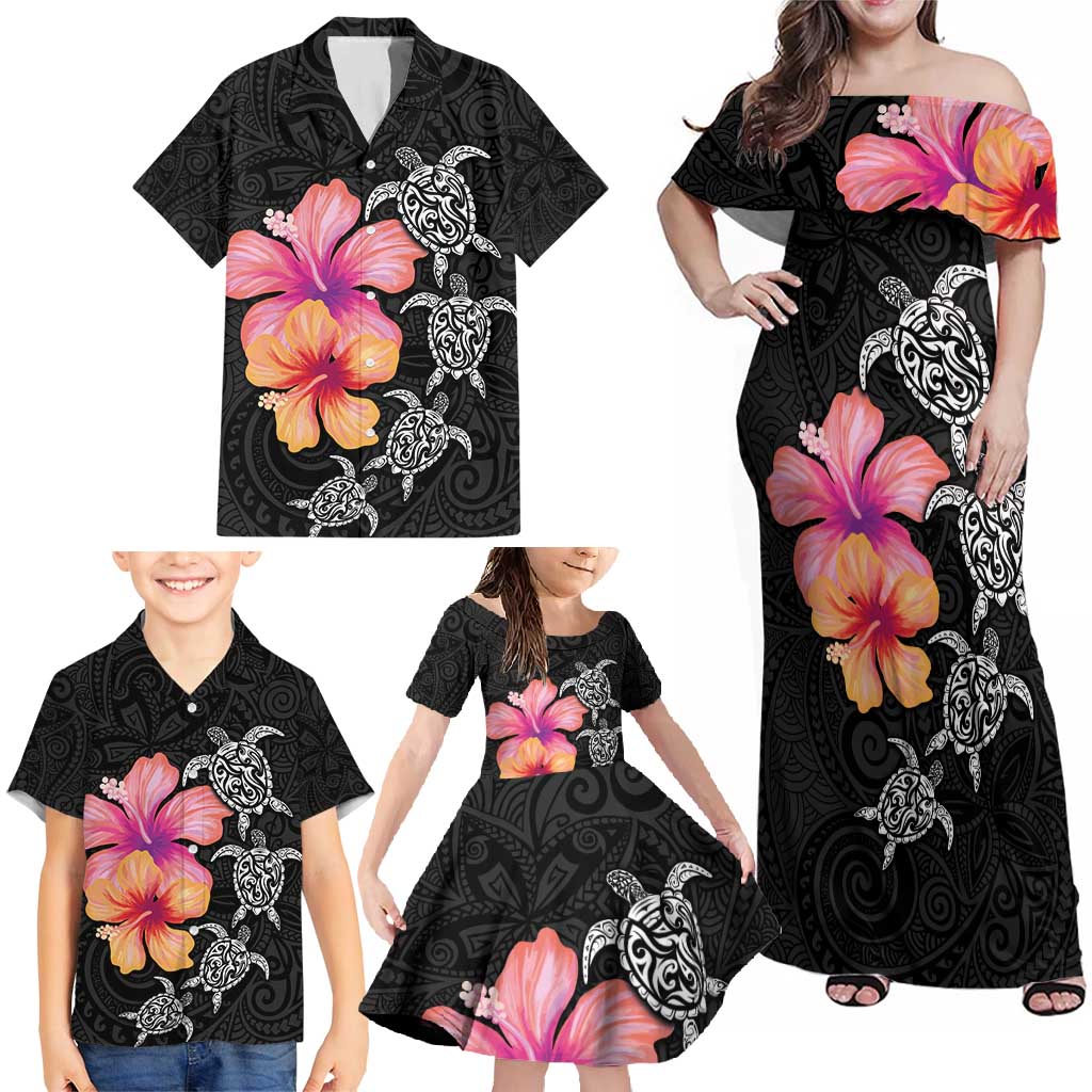 Hawaiian Hibiscus Turtle Tribal Polynesian Pattern Family Matching Off Shoulder Maxi Dress and Hawaiian Shirt Black Color LT03 - Polynesian Pride