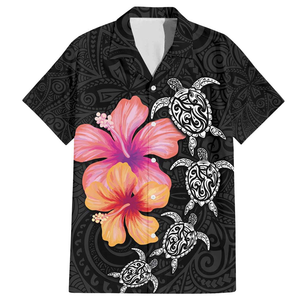 Hawaiian Hibiscus Turtle Tribal Polynesian Pattern Family Matching Off Shoulder Maxi Dress and Hawaiian Shirt Black Color LT03 Dad's Shirt - Short Sleeve Black - Polynesian Pride