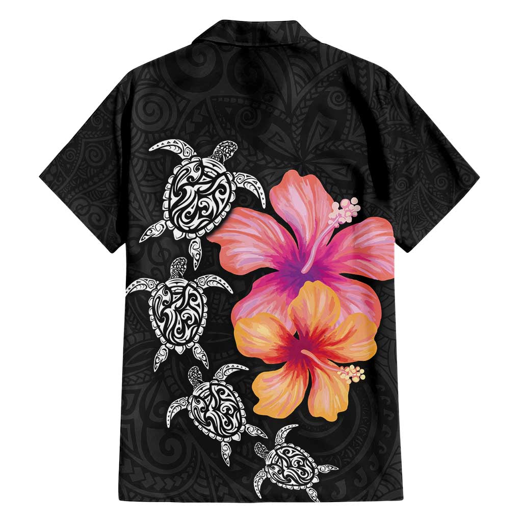 Hawaiian Hibiscus Turtle Tribal Polynesian Pattern Family Matching Off Shoulder Maxi Dress and Hawaiian Shirt Black Color LT03 - Polynesian Pride