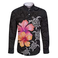 Hawaiian Hibiscus Turtle Tribal Polynesian Pattern Family Matching Off Shoulder Maxi Dress and Hawaiian Shirt Black Color LT03 Dad's Shirt - Long Sleeve Black - Polynesian Pride
