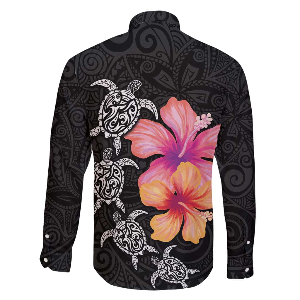 Hawaiian Hibiscus Turtle Tribal Polynesian Pattern Family Matching Off Shoulder Maxi Dress and Hawaiian Shirt Black Color LT03 - Polynesian Pride