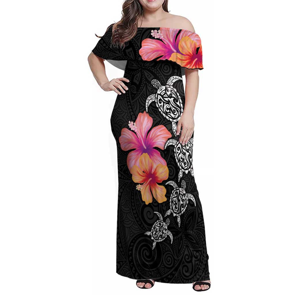 Hawaiian Hibiscus Turtle Tribal Polynesian Pattern Family Matching Off Shoulder Maxi Dress and Hawaiian Shirt Black Color LT03 Mom's Dress Black - Polynesian Pride