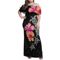 Hawaiian Hibiscus Turtle Tribal Polynesian Pattern Family Matching Off Shoulder Maxi Dress and Hawaiian Shirt Black Color LT03 Mom's Dress Black - Polynesian Pride