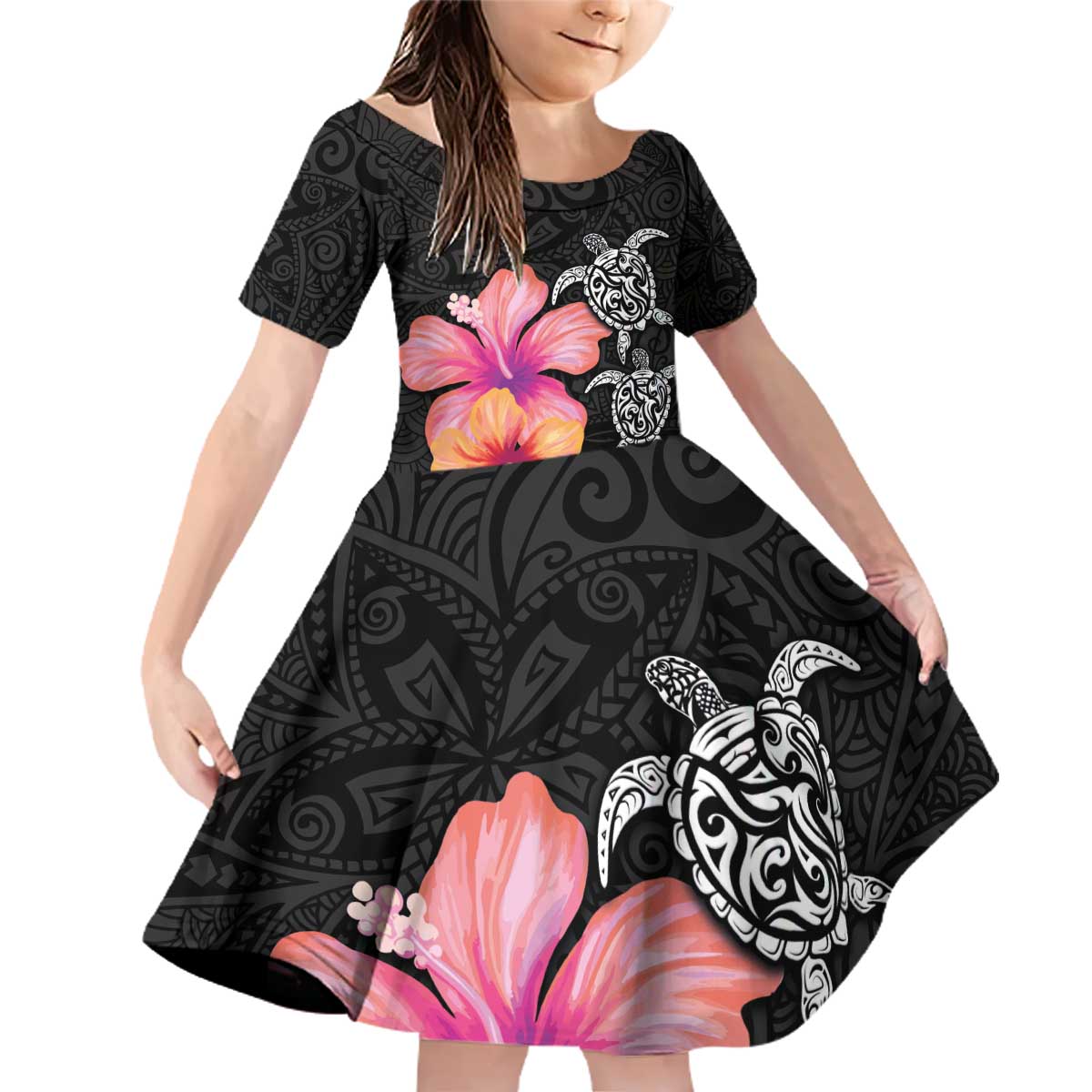 Hawaiian Hibiscus Turtle Tribal Polynesian Pattern Family Matching Off Shoulder Short Dress and Hawaiian Shirt Black Color LT03 Daughter's Dress Black - Polynesian Pride
