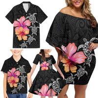Hawaiian Hibiscus Turtle Tribal Polynesian Pattern Family Matching Off Shoulder Short Dress and Hawaiian Shirt Black Color LT03 - Polynesian Pride