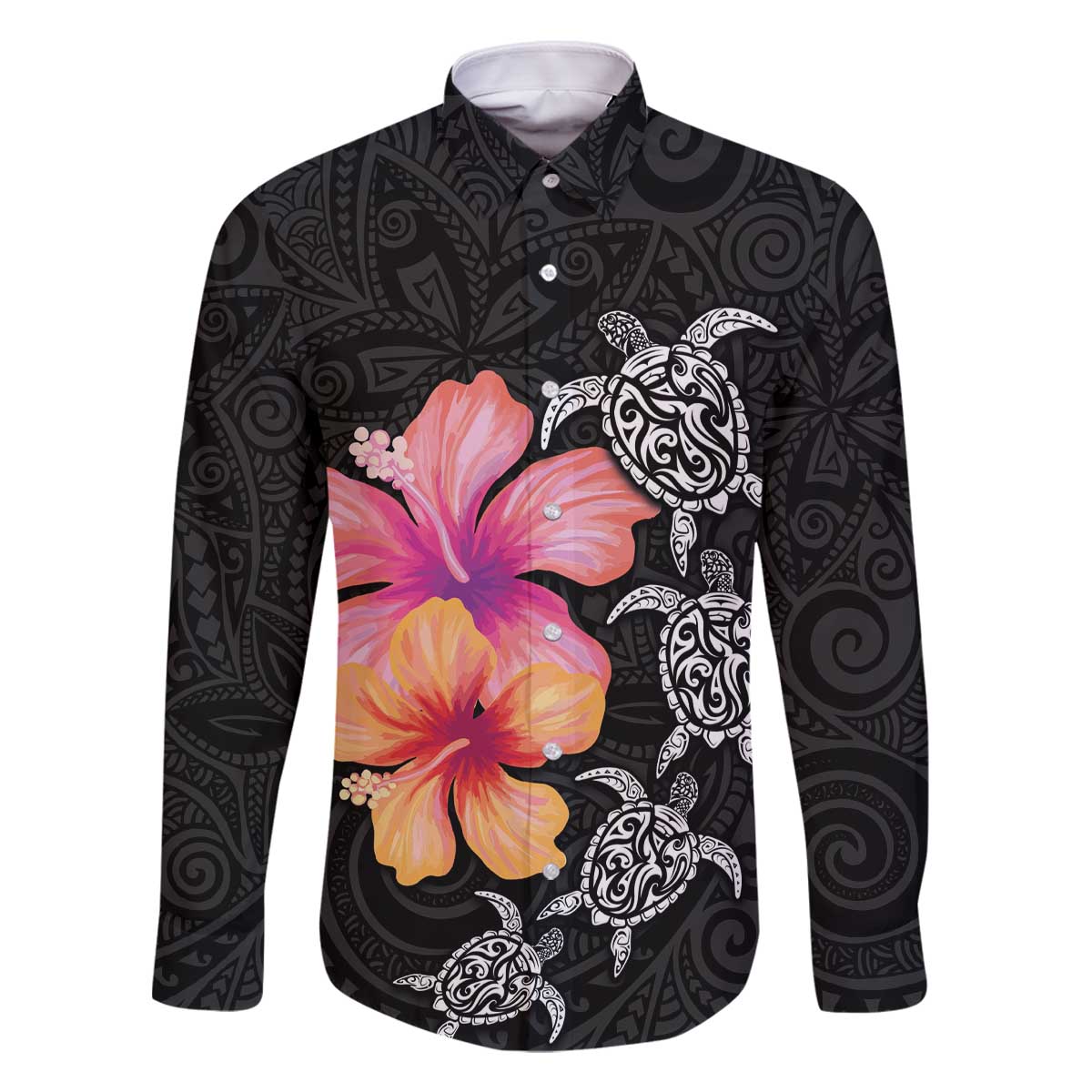 Hawaiian Hibiscus Turtle Tribal Polynesian Pattern Family Matching Off Shoulder Short Dress and Hawaiian Shirt Black Color LT03 Dad's Shirt - Long Sleeve Black - Polynesian Pride
