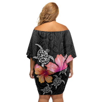 Hawaiian Hibiscus Turtle Tribal Polynesian Pattern Family Matching Off Shoulder Short Dress and Hawaiian Shirt Black Color LT03 - Polynesian Pride