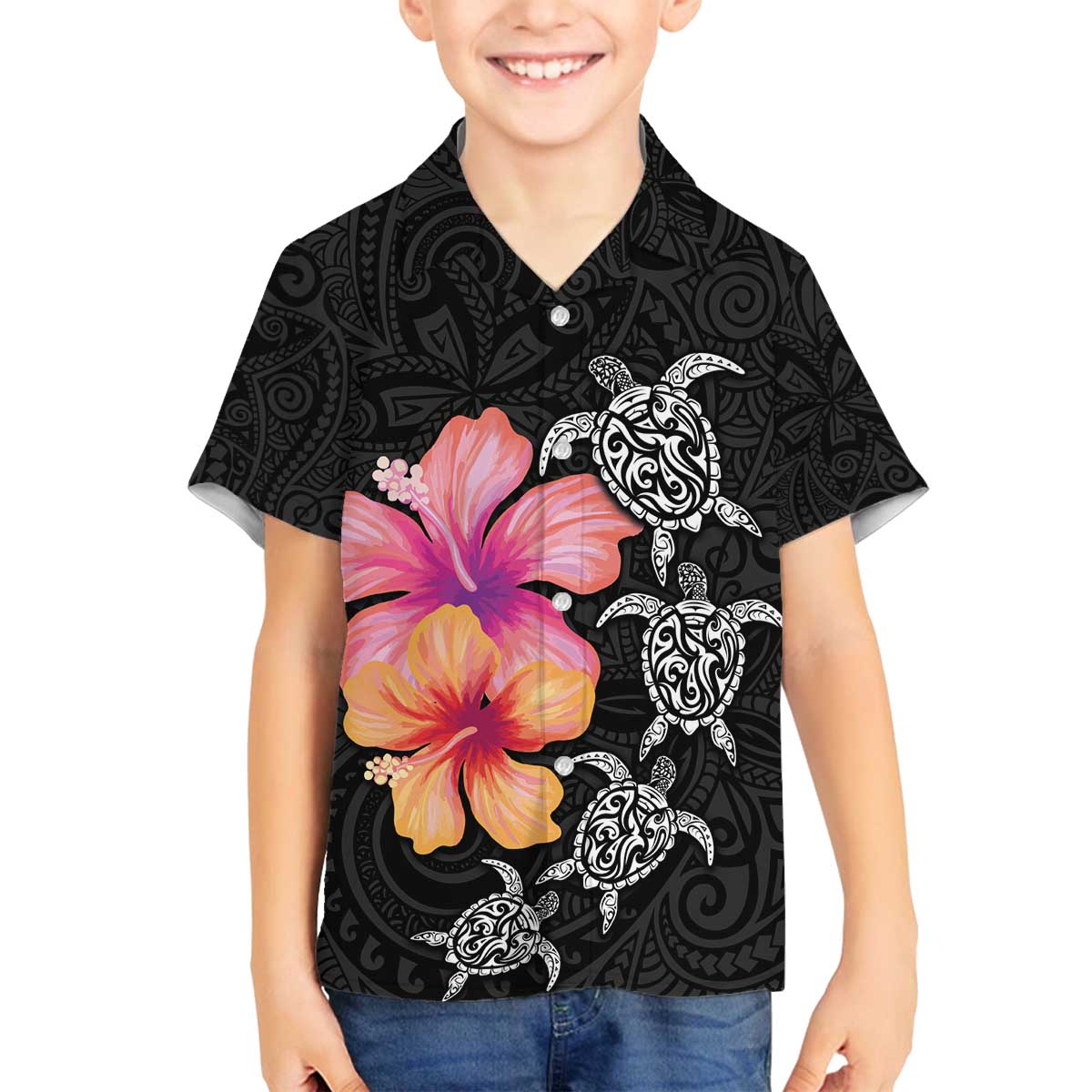 Hawaiian Hibiscus Turtle Tribal Polynesian Pattern Family Matching Off Shoulder Short Dress and Hawaiian Shirt Black Color LT03 Son's Shirt Black - Polynesian Pride