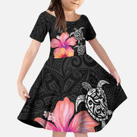 Hawaiian Hibiscus Turtle Tribal Polynesian Pattern Family Matching Puletasi and Hawaiian Shirt Black Color LT03 Daughter's Dress Black - Polynesian Pride