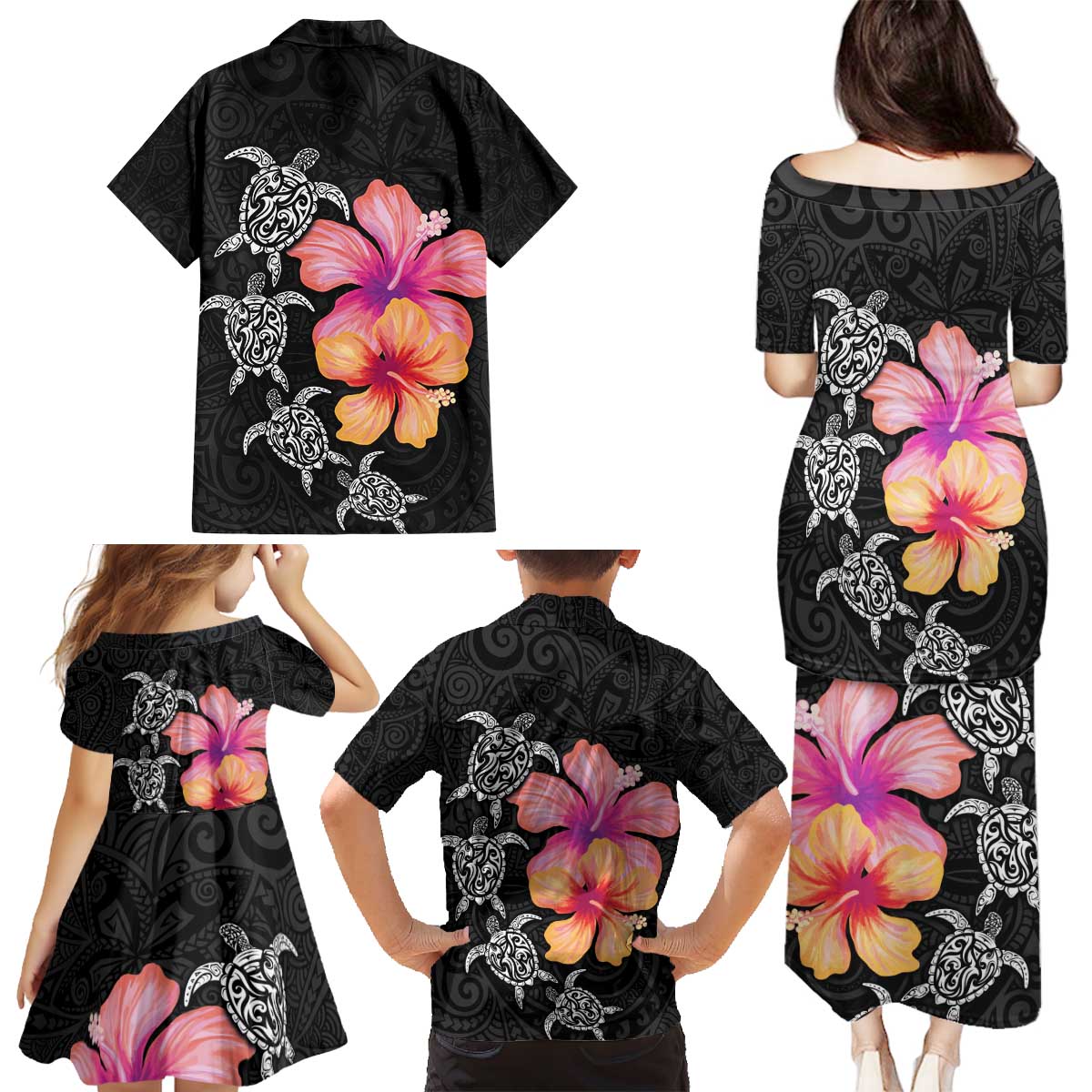 Hawaiian Hibiscus Turtle Tribal Polynesian Pattern Family Matching Puletasi and Hawaiian Shirt Black Color LT03 - Polynesian Pride
