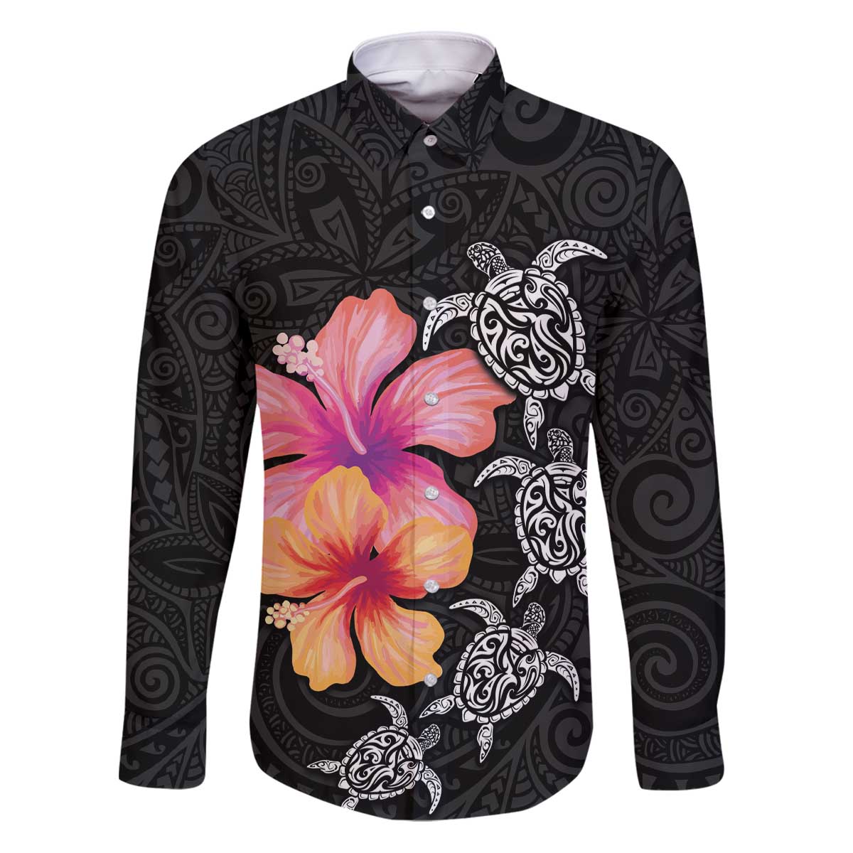 Hawaiian Hibiscus Turtle Tribal Polynesian Pattern Family Matching Puletasi and Hawaiian Shirt Black Color LT03 Dad's Shirt - Long Sleeve Black - Polynesian Pride