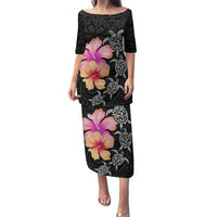 Hawaiian Hibiscus Turtle Tribal Polynesian Pattern Family Matching Puletasi and Hawaiian Shirt Black Color LT03 Mom's Dress Black - Polynesian Pride