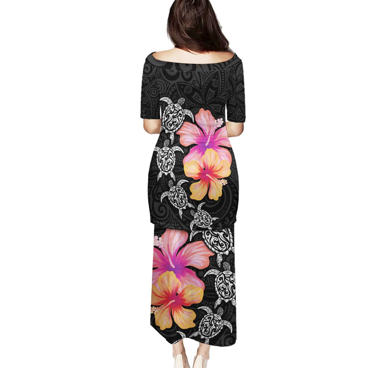 Hawaiian Hibiscus Turtle Tribal Polynesian Pattern Family Matching Puletasi and Hawaiian Shirt Black Color LT03 - Polynesian Pride