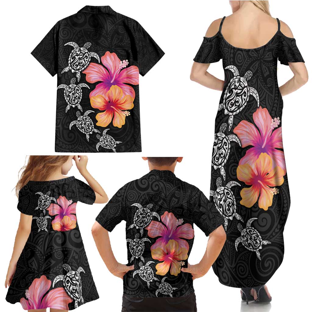 Hawaiian Hibiscus Turtle Tribal Polynesian Pattern Family Matching Summer Maxi Dress and Hawaiian Shirt Black Color LT03 - Polynesian Pride