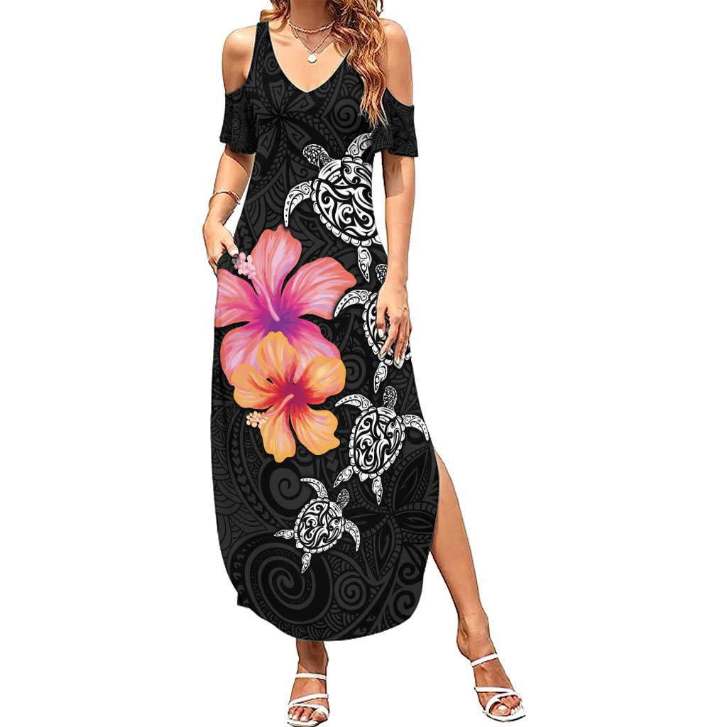 Hawaiian Hibiscus Turtle Tribal Polynesian Pattern Family Matching Summer Maxi Dress and Hawaiian Shirt Black Color LT03 Mom's Dress Black - Polynesian Pride