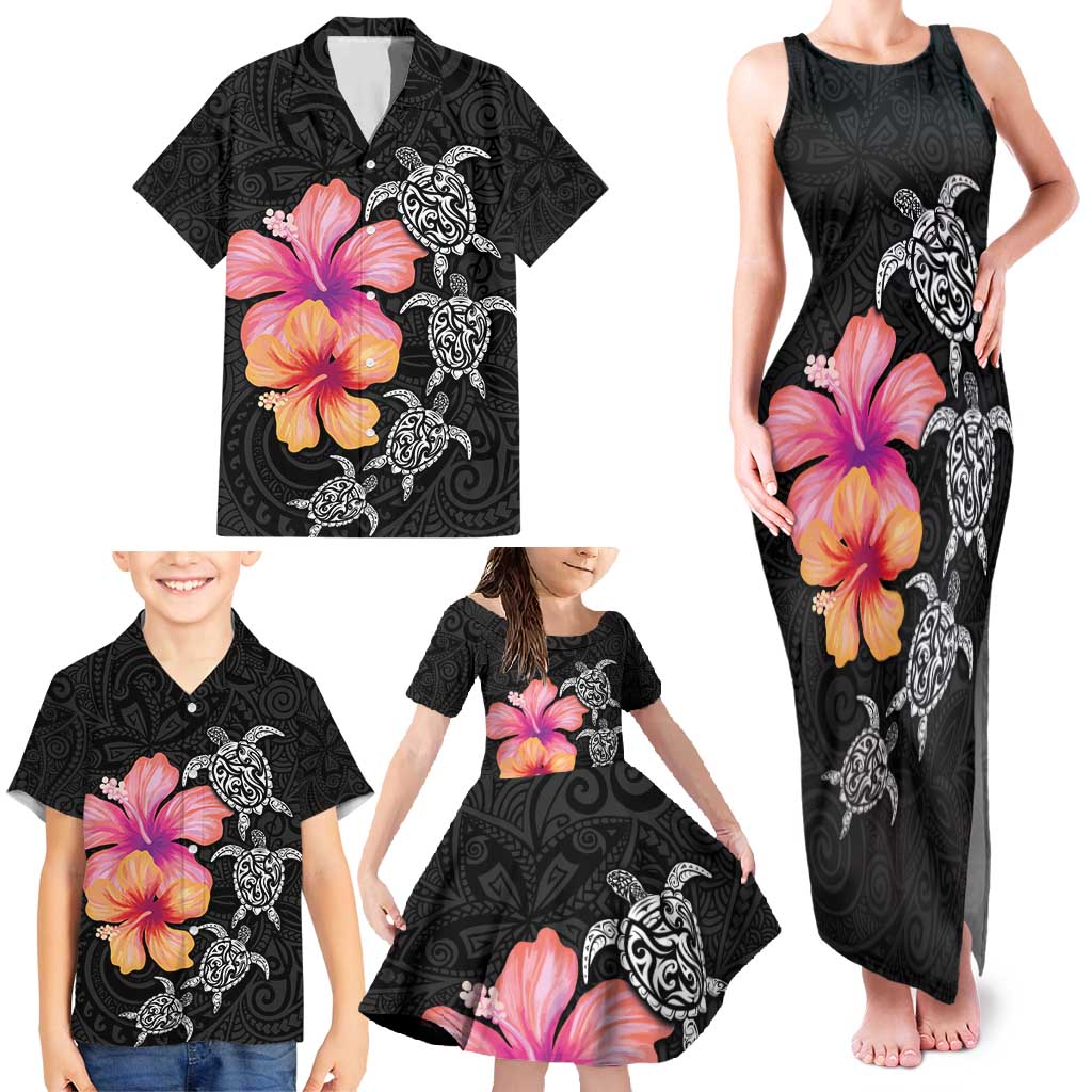 Hawaiian Hibiscus Turtle Tribal Polynesian Pattern Family Matching Tank Maxi Dress and Hawaiian Shirt Black Color LT03 - Polynesian Pride