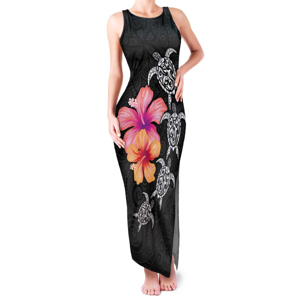 Hawaiian Hibiscus Turtle Tribal Polynesian Pattern Family Matching Tank Maxi Dress and Hawaiian Shirt Black Color LT03 Mom's Dress Black - Polynesian Pride