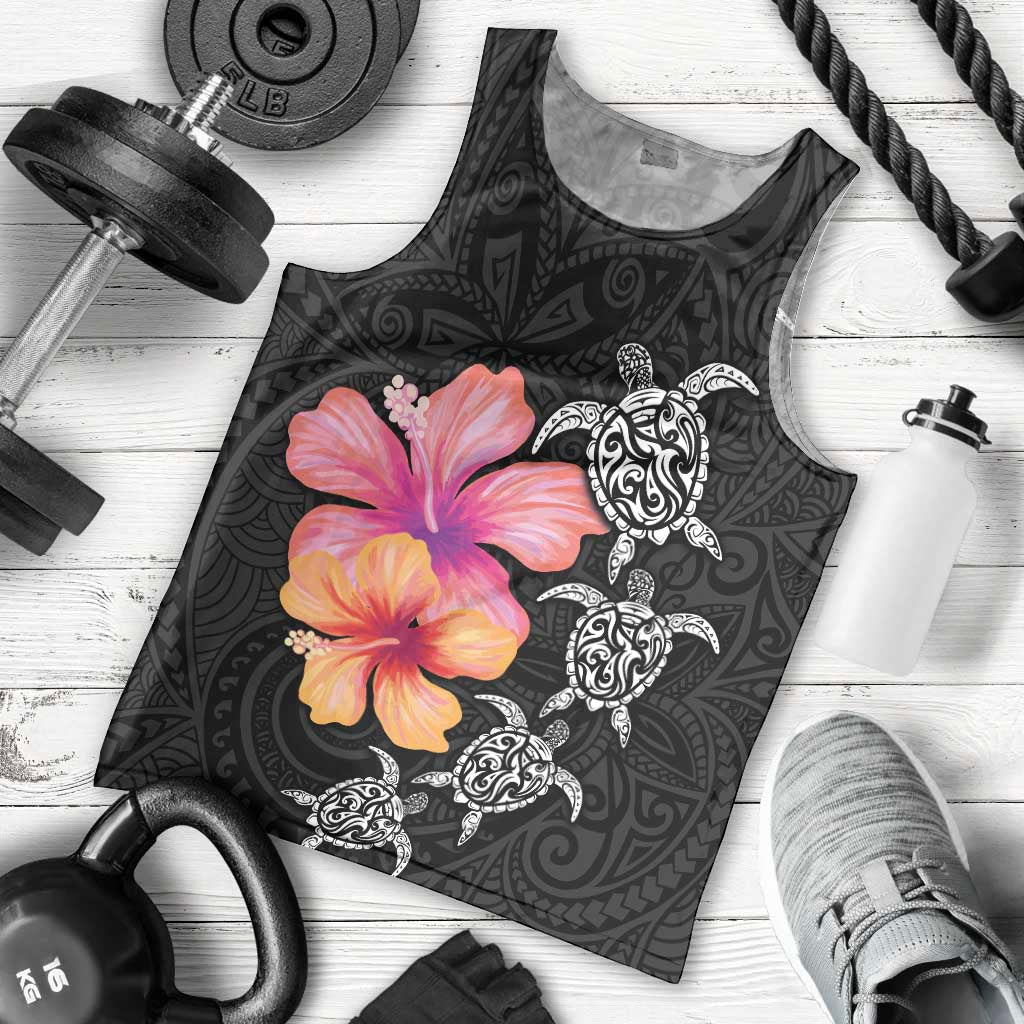 Hawaiian Hibiscus Turtle Tribal Polynesian Pattern Men Tank Top Black Color LT03 - Polynesian Pride