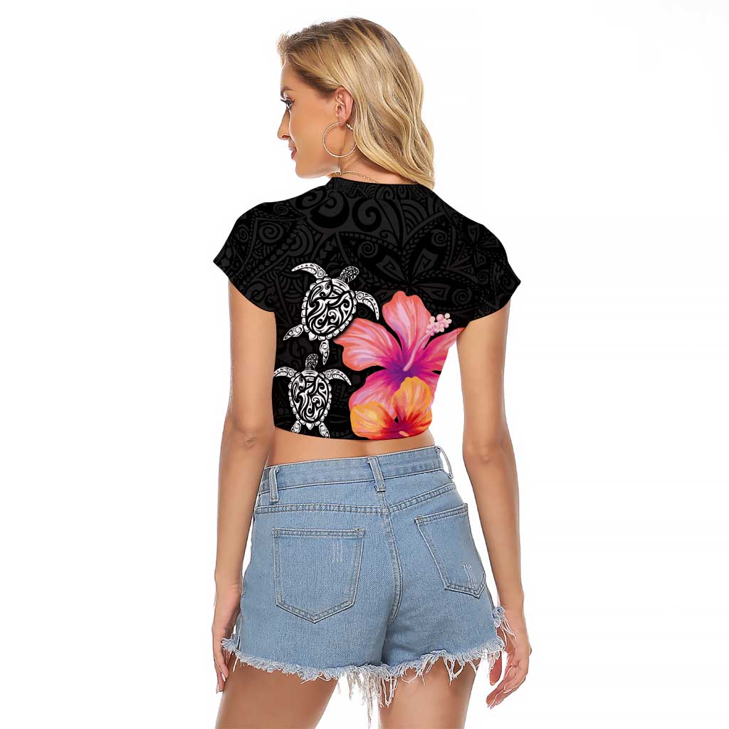 Hawaiian Hibiscus Turtle Tribal Polynesian Pattern Raglan Cropped T Shirt Black Color