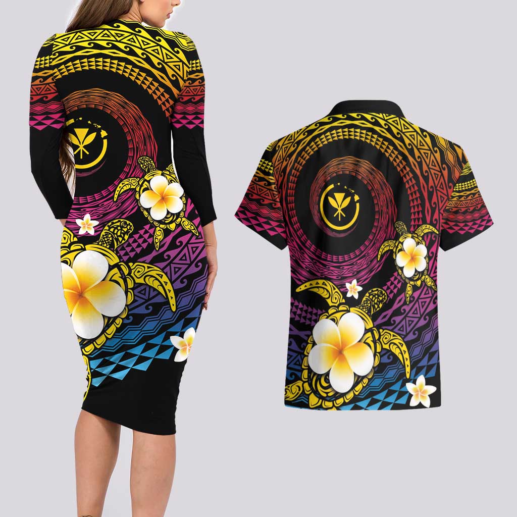 Hawaiian Plumeria Turtle Tribal Spiral Polynesian Tattoo Couples Matching Long Sleeve Bodycon Dress and Hawaiian Shirt Fanciful Color LT03 - Polynesian Pride