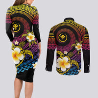Hawaiian Plumeria Turtle Tribal Spiral Polynesian Tattoo Couples Matching Long Sleeve Bodycon Dress and Long Sleeve Button Shirt Fanciful Color LT03 - Polynesian Pride