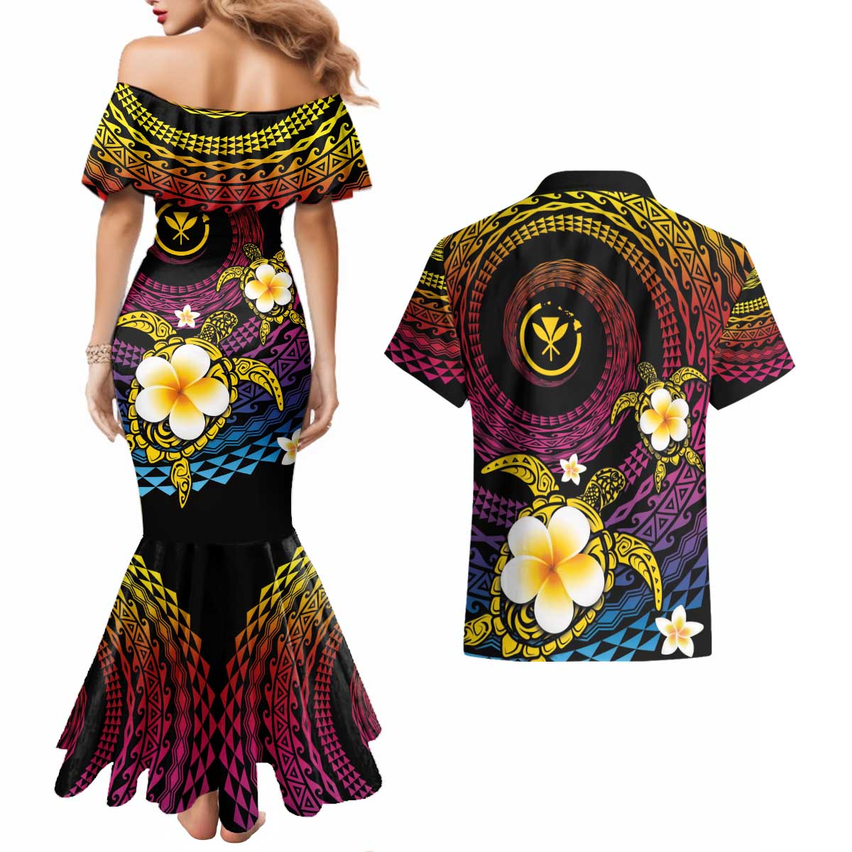 Hawaiian Plumeria Turtle Tribal Spiral Polynesian Tattoo Couples Matching Mermaid Dress and Hawaiian Shirt Fanciful Color LT03 - Polynesian Pride