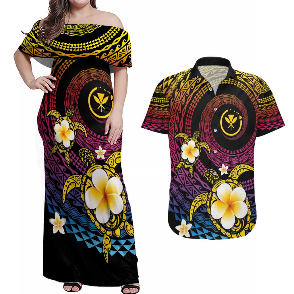 Hawaiian Plumeria Turtle Tribal Spiral Polynesian Tattoo Couples Matching Off Shoulder Maxi Dress and Hawaiian Shirt Fanciful Color LT03 Gradient - Polynesian Pride