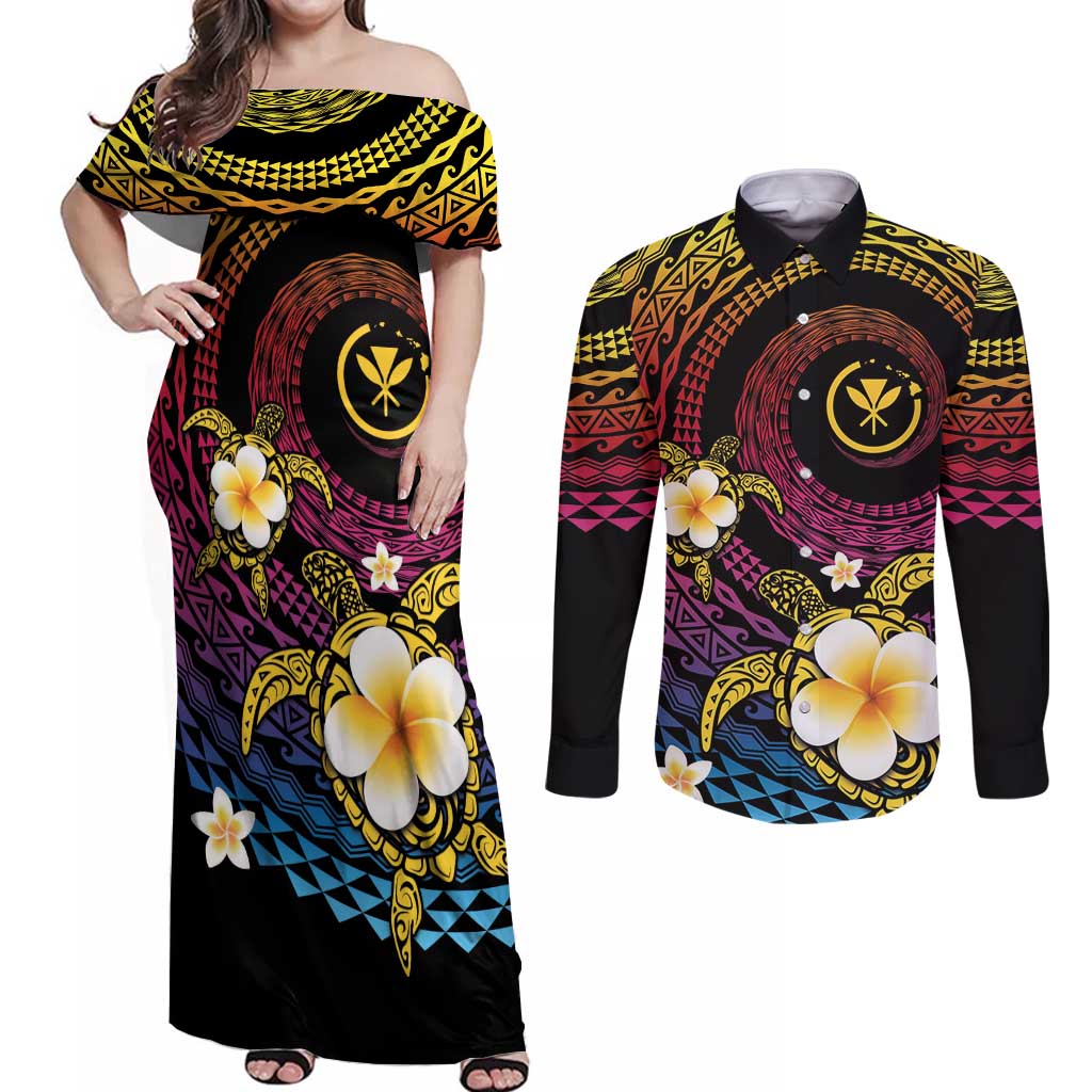 Hawaiian Plumeria Turtle Tribal Spiral Polynesian Tattoo Couples Matching Off Shoulder Maxi Dress and Long Sleeve Button Shirt Fanciful Color LT03 Gradient - Polynesian Pride
