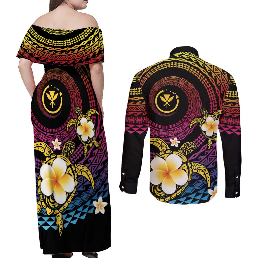 Hawaiian Plumeria Turtle Tribal Spiral Polynesian Tattoo Couples Matching Off Shoulder Maxi Dress and Long Sleeve Button Shirt Fanciful Color LT03 - Polynesian Pride