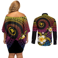 Hawaiian Plumeria Turtle Tribal Spiral Polynesian Tattoo Couples Matching Off Shoulder Short Dress and Long Sleeve Button Shirt Fanciful Color LT03 - Polynesian Pride