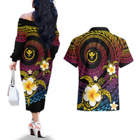 Hawaiian Plumeria Turtle Tribal Spiral Polynesian Tattoo Couples Matching Off The Shoulder Long Sleeve Dress and Hawaiian Shirt Fanciful Color LT03 - Polynesian Pride