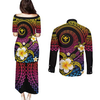 Hawaiian Plumeria Turtle Tribal Spiral Polynesian Tattoo Couples Matching Puletasi and Long Sleeve Button Shirt Fanciful Color LT03 - Polynesian Pride
