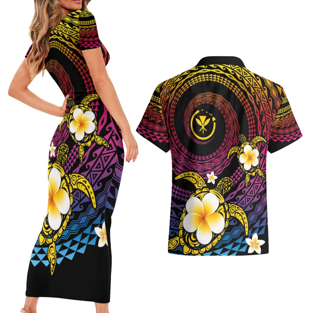 Hawaiian Plumeria Turtle Tribal Spiral Polynesian Tattoo Couples Matching Short Sleeve Bodycon Dress and Hawaiian Shirt Fanciful Color LT03 - Polynesian Pride