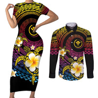 Hawaiian Plumeria Turtle Tribal Spiral Polynesian Tattoo Couples Matching Short Sleeve Bodycon Dress and Long Sleeve Button Shirt Fanciful Color LT03 Gradient - Polynesian Pride