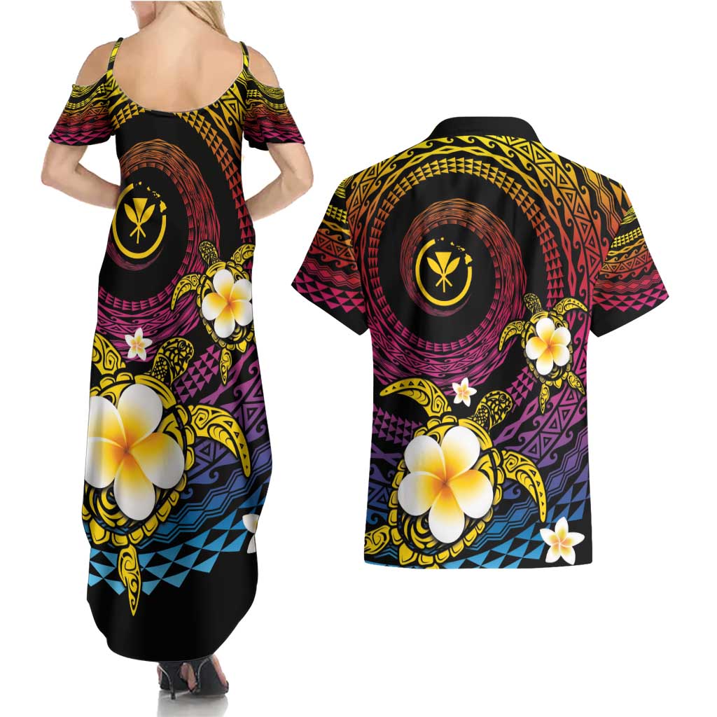 Hawaiian Plumeria Turtle Tribal Spiral Polynesian Tattoo Couples Matching Summer Maxi Dress and Hawaiian Shirt Fanciful Color LT03 - Polynesian Pride