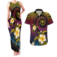 Hawaiian Plumeria Turtle Tribal Spiral Polynesian Tattoo Couples Matching Tank Maxi Dress and Hawaiian Shirt Fanciful Color LT03 Gradient - Polynesian Pride