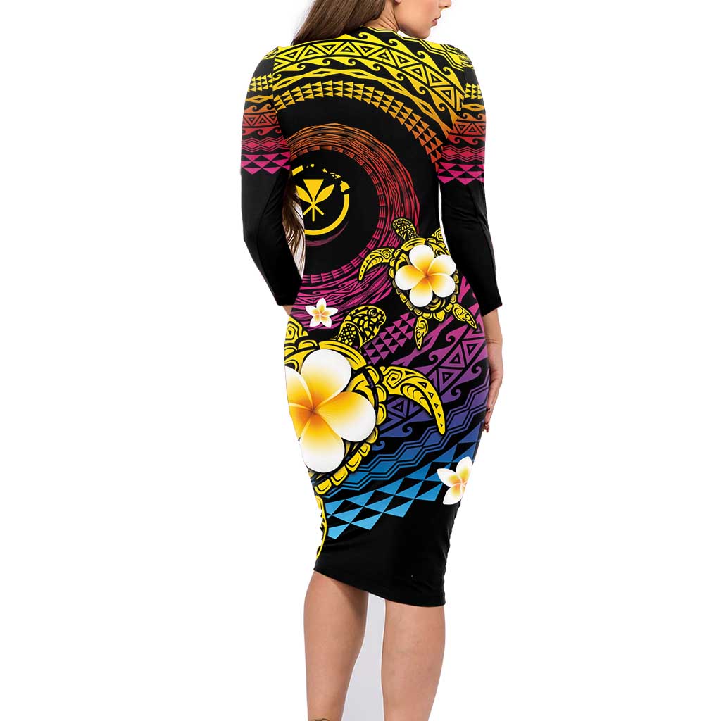 Hawaiian Plumeria Turtle Tribal Spiral Polynesian Tattoo Family Matching Long Sleeve Bodycon Dress and Hawaiian Shirt Fanciful Color LT03 - Polynesian Pride
