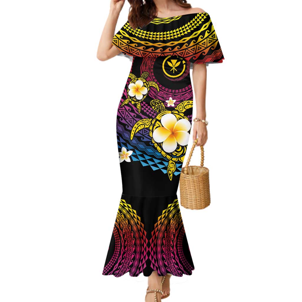 Hawaiian Plumeria Turtle Tribal Spiral Polynesian Tattoo Family Matching Mermaid Dress and Hawaiian Shirt Fanciful Color LT03 Mom's Dress Gradient - Polynesian Pride