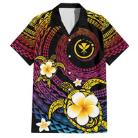 Hawaiian Plumeria Turtle Tribal Spiral Polynesian Tattoo Family Matching Off Shoulder Maxi Dress and Hawaiian Shirt Fanciful Color LT03 Dad's Shirt - Short Sleeve Gradient - Polynesian Pride