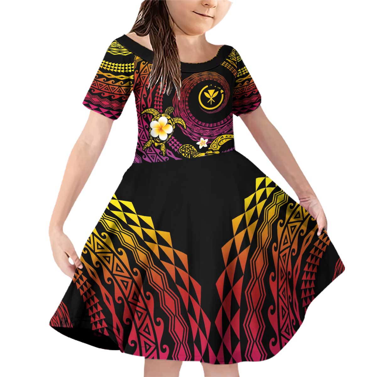 Hawaiian Plumeria Turtle Tribal Spiral Polynesian Tattoo Family Matching Off Shoulder Short Dress and Hawaiian Shirt Fanciful Color LT03 Daughter's Dress Gradient - Polynesian Pride