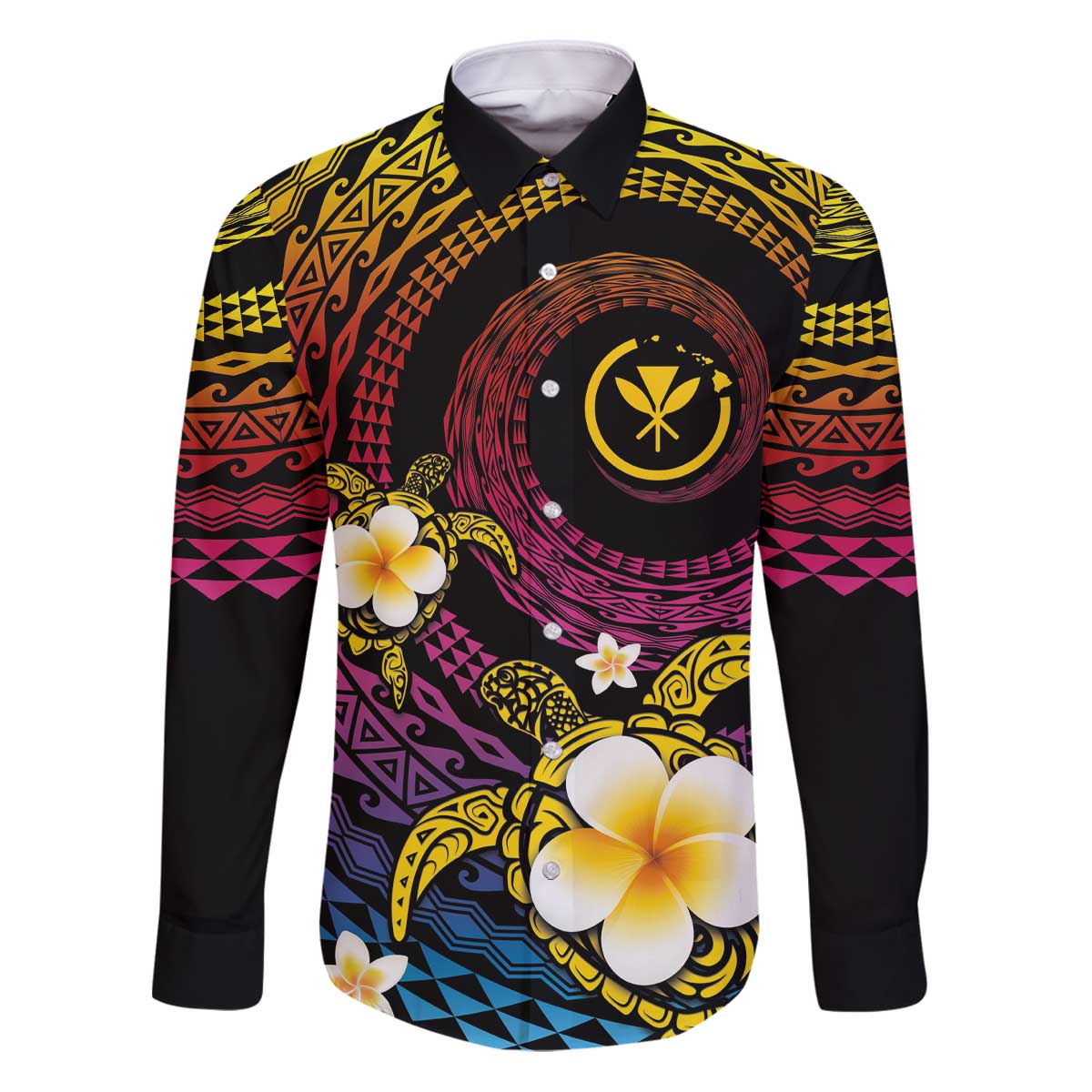 Hawaiian Plumeria Turtle Tribal Spiral Polynesian Tattoo Family Matching Puletasi and Hawaiian Shirt Fanciful Color LT03 Dad's Shirt - Long Sleeve Gradient - Polynesian Pride