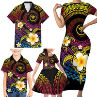 Hawaiian Plumeria Turtle Tribal Spiral Polynesian Tattoo Family Matching Short Sleeve Bodycon Dress and Hawaiian Shirt Fanciful Color LT03 - Polynesian Pride