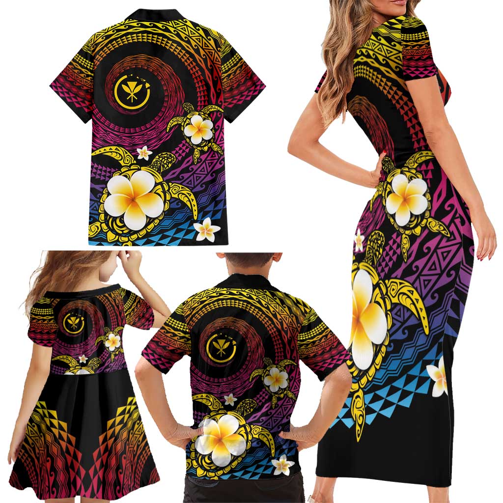 Hawaiian Plumeria Turtle Tribal Spiral Polynesian Tattoo Family Matching Short Sleeve Bodycon Dress and Hawaiian Shirt Fanciful Color LT03 - Polynesian Pride