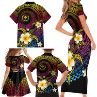 Hawaiian Plumeria Turtle Tribal Spiral Polynesian Tattoo Family Matching Short Sleeve Bodycon Dress and Hawaiian Shirt Fanciful Color LT03 - Polynesian Pride