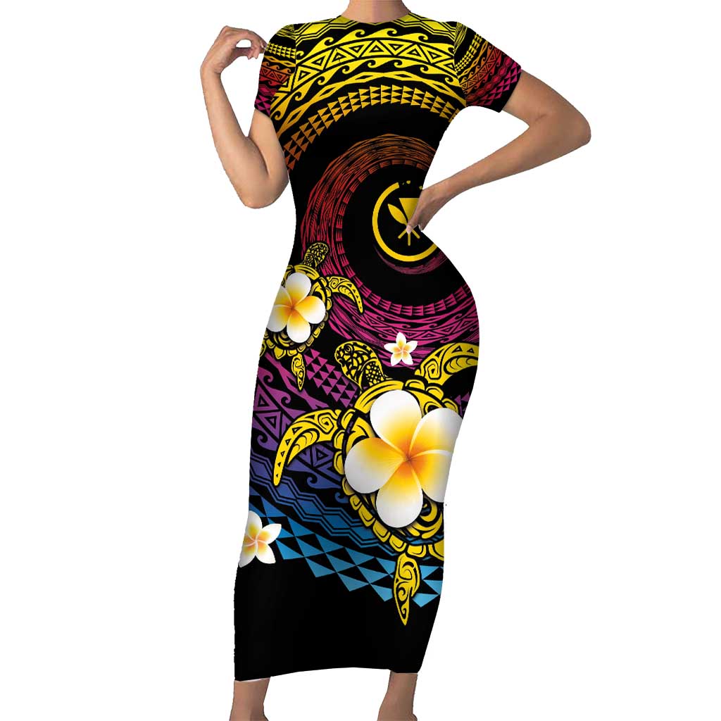 Hawaiian Plumeria Turtle Tribal Spiral Polynesian Tattoo Family Matching Short Sleeve Bodycon Dress and Hawaiian Shirt Fanciful Color LT03 Mom's Dress Gradient - Polynesian Pride