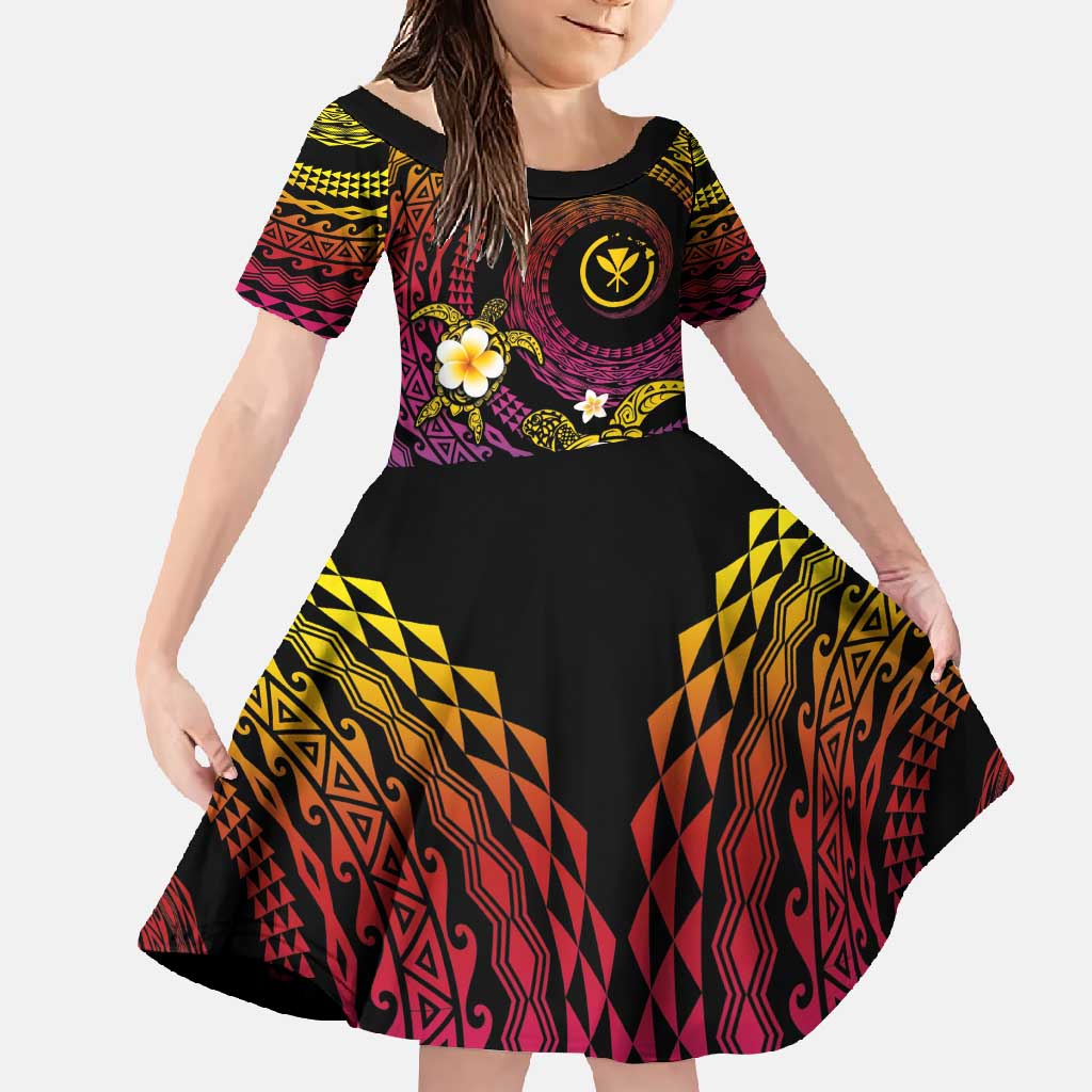 Hawaiian Plumeria Turtle Tribal Spiral Polynesian Tattoo Family Matching Summer Maxi Dress and Hawaiian Shirt Fanciful Color LT03 Daughter's Dress Gradient - Polynesian Pride