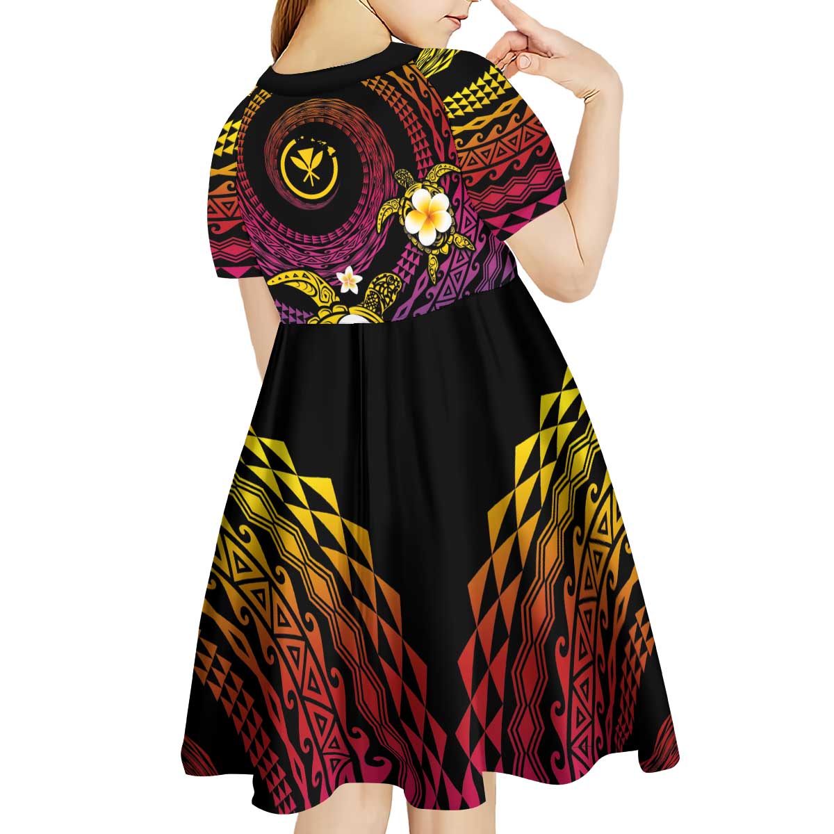 Hawaiian Plumeria Turtle Tribal Spiral Polynesian Tattoo Kid Short Sleeve Dress Fanciful Color LT03 - Polynesian Pride