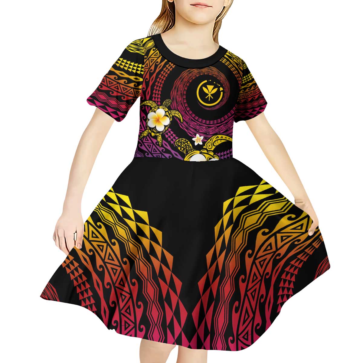 Hawaiian Plumeria Turtle Tribal Spiral Polynesian Tattoo Kid Short Sleeve Dress Fanciful Color LT03 - Polynesian Pride