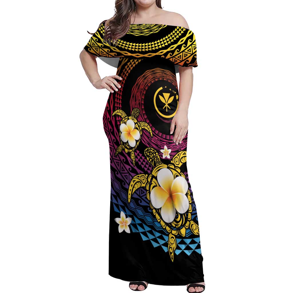 Hawaiian Plumeria Turtle Tribal Spiral Polynesian Tattoo Off Shoulder Maxi Dress Fanciful Color LT03 Women Gradient - Polynesian Pride